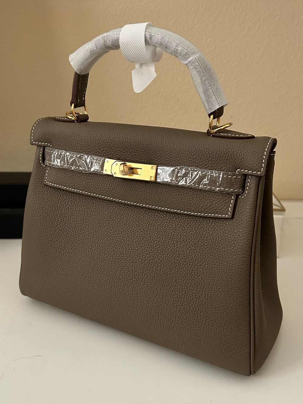 28cm Etaupe Leather Top-Handle Satchel KL Style